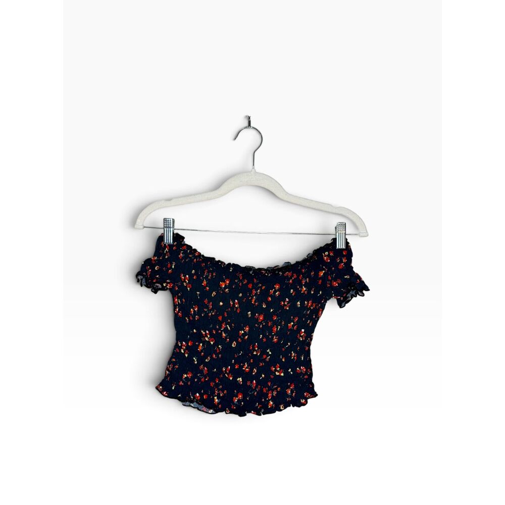 Wild Fable Women's Black Floral Smocked Off Shoulder Crop Top Ruffle S
